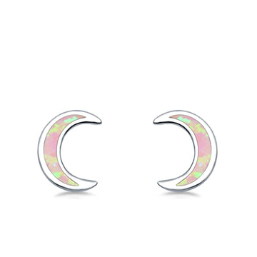 Moon Stud Earrings Lab Created Pink Opal 925 Sterling Silver